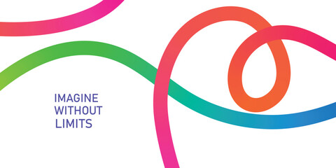 Abstract flowing gradient ribbons in pink green orange and blue with text imagine without limits background