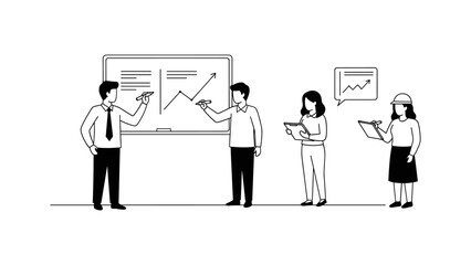 Business people discussing a chart on a whiteboard