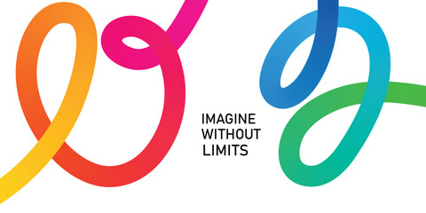 Colorful gradient ribbon shapes forming abstract loops and curves with text imagine without limits background