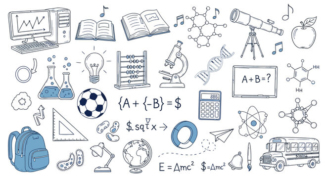 Collection of School Supplies and Scientific Equipment Illustrating Education and Discovery