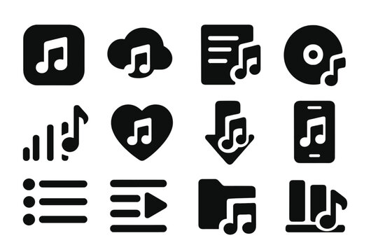 Music Icons Collection. Solid style icons of music streaming and apps: music app icon, cloud music, playlist icon, album cover,