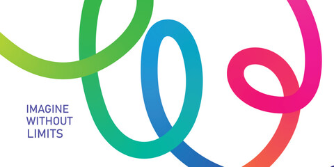 Smooth gradient ribbons in green blue pink and orange intertwining on white background with text abstract