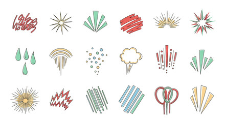 Abstract graphic design elements, comic book style explosion and bursts, colorful lines, and geometric shapes