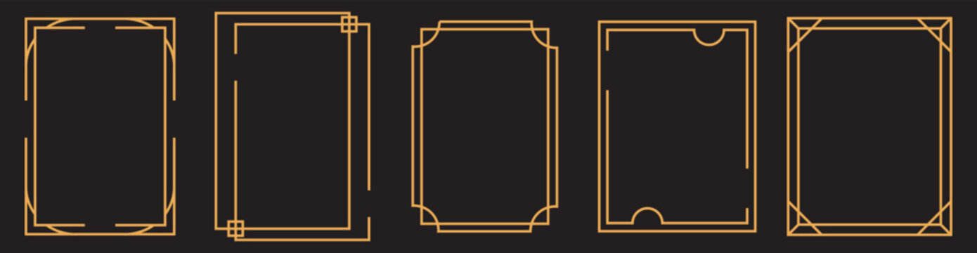 golden geometric frames. Set of golden thin frames. Metal thin photo or picture frames isolated on transparent background. Rectangular line art borders with various geometric corner details
