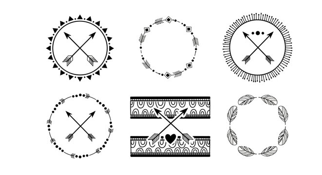 Set of Rustic and Bohemian Circular Embellishments with Arrows and Heart Motifs