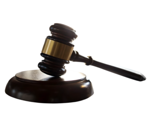 A dark wooden gavel and sounding block isolated on transparent background