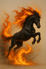 Black horse with fiery mane and tail