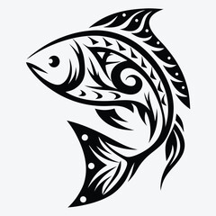 Abstract fish swims gracefully, displaying tribal tattoo patterns and bold design