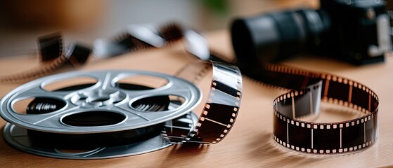 Film reel and camera on a wooden table showcase the art of filmmaking in a cozy indoor setting during a creative project session
