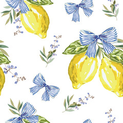 Fototapeta premium Yellow lemon citrus fruits, green leaves, striped bows, herbs, white background. Vector illustration. Seamless pattern. Summer design