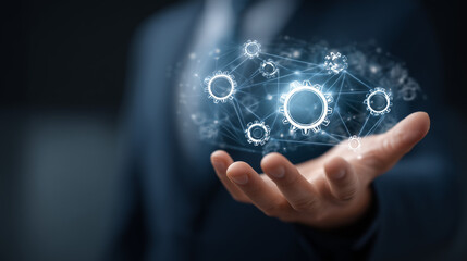 Profissional segura rede digital DevOps, representando alinhamento entre equipes de desenvolvimento e operações, impulsionando produtividade, automação e inovação contínua