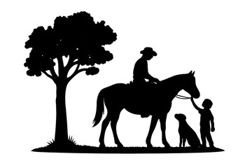 Cowboy riding horse with child and dog under tree, showing animal friendship and farm life, transparent background