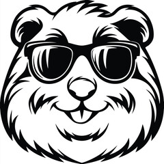 Animated otter head wears black sunglasses smiling cutely, presented in detailed black and white style