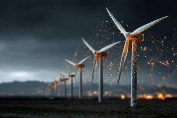 Wind turbines generating power in foggy Mountains connected by a digital network, symbolizing sustainable energy and technological innovation