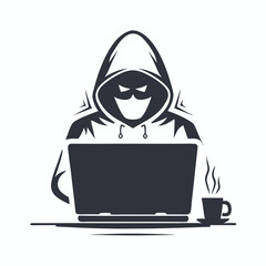 Anonymous hacker in a hoodie uses a laptop while drinking coffee in silhouette