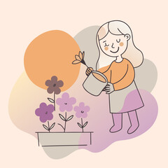 Happy person watering flowers in a garden silhouette isolated on white background