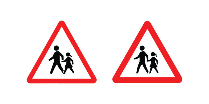 Naklejki Two triangular red and white road signs depicting a silhouette of an adult and child walking together