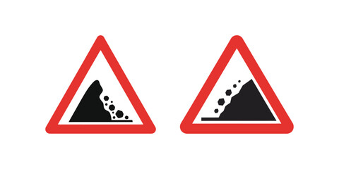 Two red triangular warning signs indicating falling rocks and landslide danger on a white background