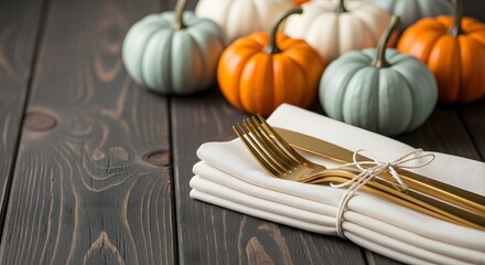 Elegant autumnal table setting with assorted decorative pumpkins and golden cutlery on a rustic dark wood background, perfect for harvest feasts and seasonal celebrations