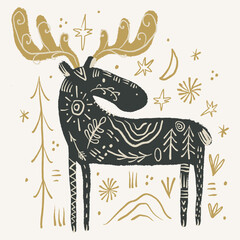 Boho tribal celestial ornate moose character vector hand drawn illustration. Modern folk patterned Norwegian woodland fauna with horns north animal in Scandinavian style. Floral Slovak ornamental
