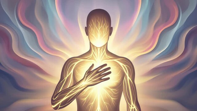 Radiant human form glowing with inner light and energy, surrounded by ethereal, flowing waves of color, symbolizing consciousness and spiritual awakening in a dynamic, vibrant display of existence.