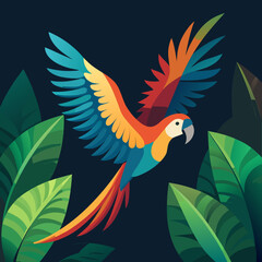 Vibrant macaw parrot soaring through lush tropical foliage on dark background
