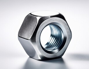 Close-up of a Shiny, Silver Hex Nut Showing Threading, a Standard Fastener for Industrial and Mechanical Applications.