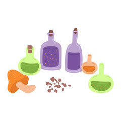 Halloween magic bottles with potions in flat cartoon design. Alchemy elixir in glass containers, witch liquid poison mixtures and mushroom. Autumn holiday decoration. Vector illustration isolated.