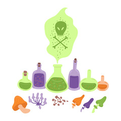 Halloween magic bottles with potions in flat cartoon design. Alchemy elixir in glass containers, witch liquid poison mixtures and mushroom. Autumn holiday decoration. Vector illustration isolated.