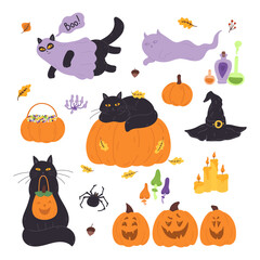 Halloween holiday set in flat cartoon design. Bundle of cute black cats with pumpkin, holiday costume with ghost, potions, candles, mushrooms, carving lanterns, more. Vector illustration isolated.