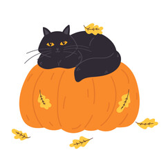 Halloween black cat laying on big pumpkin with oak leaves in flat cartoon design. Cute pet with seasonal harvest. Autumn october holiday, festive event celebration decor. Vector illustration isolated.