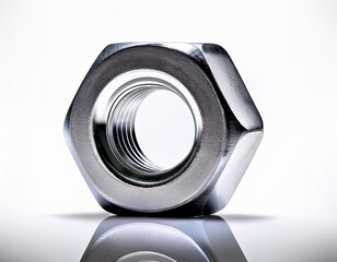 Shiny Silver Hex Nut, Standing Upright with Reflection, Close-Up Detail of Threads and Metal Texture