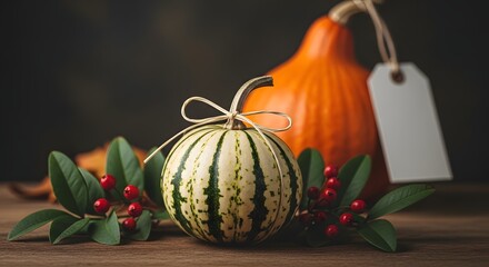 Charming striped gourd adorned with a rustic bow sits beside a vibrant orange pumpkin and festive red berries, evoking cozy autumn harvest vibes
