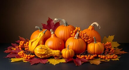 Vibrant autumn harvest display featuring assorted pumpkins, gourds, berries, and colorful fall leaves creating a warm, festive seasonal scene