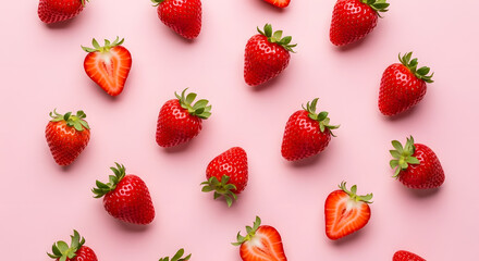Fresh strawberries background pattern summer fruit healthy food red strawberry sweet dessert pink background 100