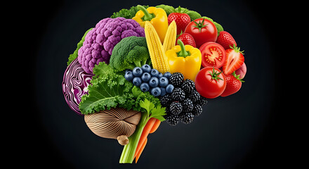 Brain health food concept vegetables and fruits for mental wellness and cognitive function diet plan on transparent background