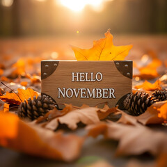 Hello november autumn leaves background seasonal greetings fall foliage thanksgiving vibes nature scene outdoors 100 on transparent background