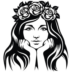 Beautiful woman with long hair and rose crown rests her face thoughtfully