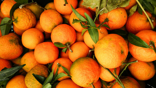 abstract close up background of fresh oranges, some with leaves, in market stall