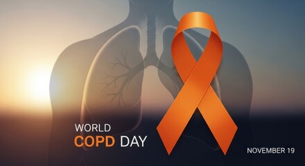 Orange awareness ribbon with human lungs silhouette for World COPD Day on November 19, promoting respiratory health and medical awareness