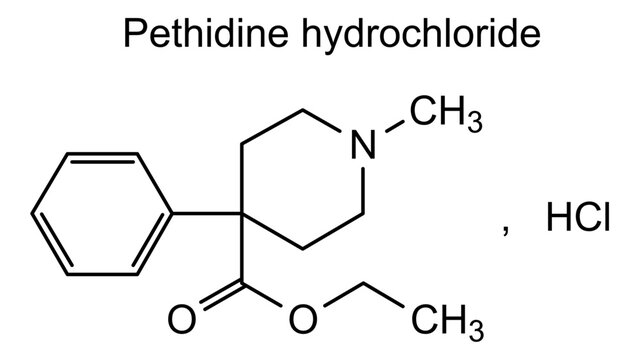 Pethidine hydrochloride, chemical structure of pethidine hydrochloride, drug substance