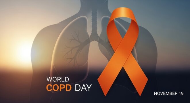 Orange awareness ribbon with human lungs silhouette for World COPD Day on November 19, promoting respiratory health and medical awareness