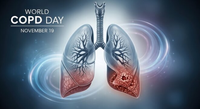 Medical illustration of human lungs showing damage from COPD for World COPD Day awareness on November 19. Healthcare concept promoting respiratory disease prevention