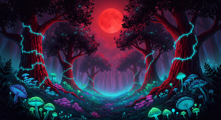 Pixel Art of a Magical Night Forest with Glowing Mushrooms, Vine Lights, and a Red Moon