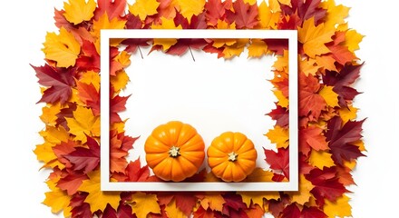 Capture the vibrant spirit of autumn with two charming pumpkins framed by a cascade of warm, colorful fall leaves, perfect for seasonal celebrations and cozy designs.