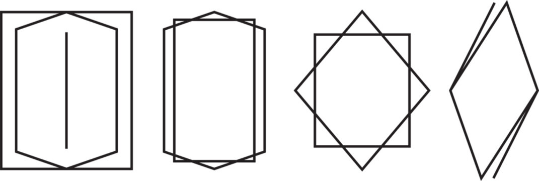 golden geometric frames. Set of golden thin frames. Metal thin photo or picture frames isolated on transparent background. Rectangular line art borders with various geometric corner details
