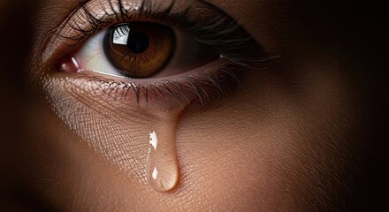 Extreme closeup of a womans eye with a single tear rolling down her cheek