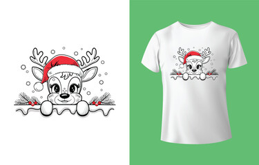 Adorable cartoon reindeer wearing a santa hat peeking over a festive border on a white t shirt mockup © Avijit Artworks