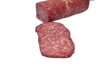 Dry-cured sausage cut into thin slices on PNG background.