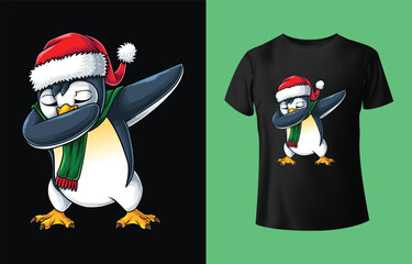 Cute cartoon penguin wearing a santa hat and scarf doing the dab dance pose on a black background next to a t shirt mockup